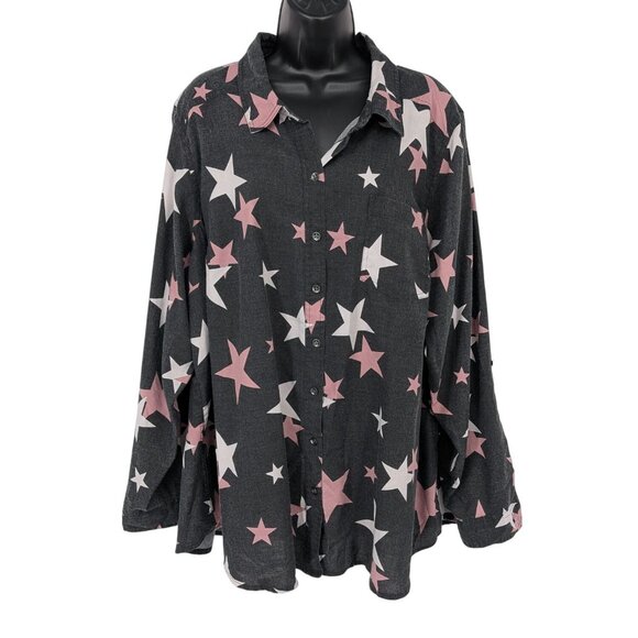 Torrid Button Up Shirt Women Size 3X Stars Wash Roll Tabs Relaxed Fit Whimsical - Picture 1 of 10